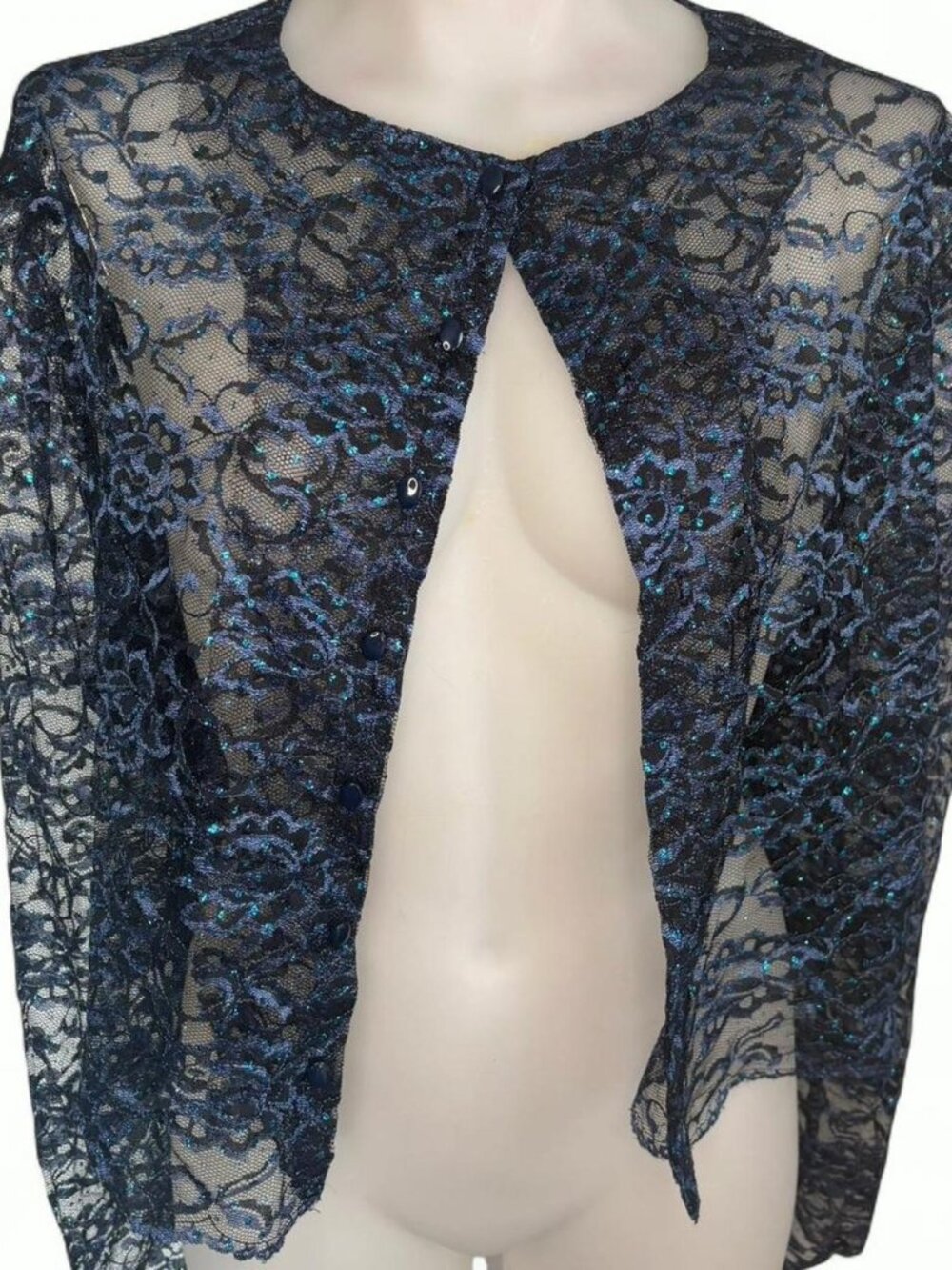 Vintage black and blue lace glitter cardigan, possibly handmade